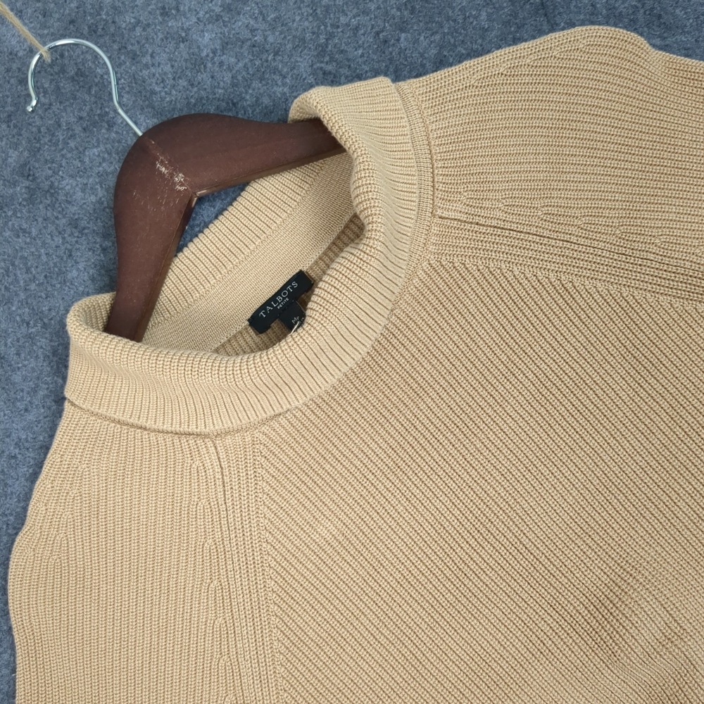 Talbots Petite Medium Camel Beige Shaker Rib Mock Neck Sweater White Trim Slits